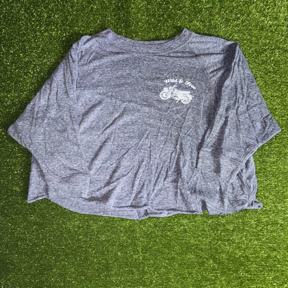H.I.P. Wild & Free Motorcycle Graphic Cropped Raglan Top Charcoal Grey Medium